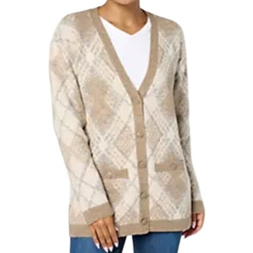 Isaac Mizrahi Live Estate Argyle Cardigan Sweater Tan Beige Womens Plus Size 4X